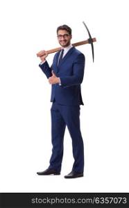Young businessman with axe isolated on white