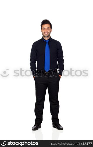 Young businessman with blue tie isolated on white background