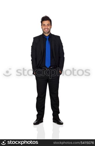 Young businessman with blue tie isolated on white background