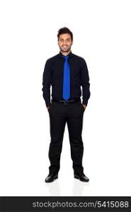 Young businessman with blue tie isolated on white background