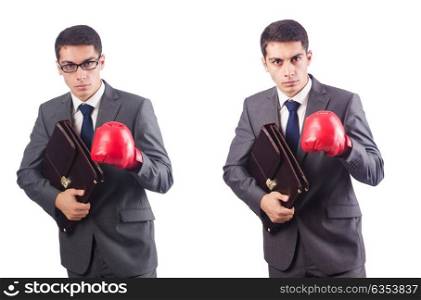 Young businessman with briefcase and box gloves isolated on whi. Young businessman with briefcase and box gloves isolated on white