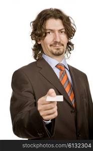 young businessman with card, focus on the face