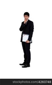 young businessman with finger to his mouth isolated on white
