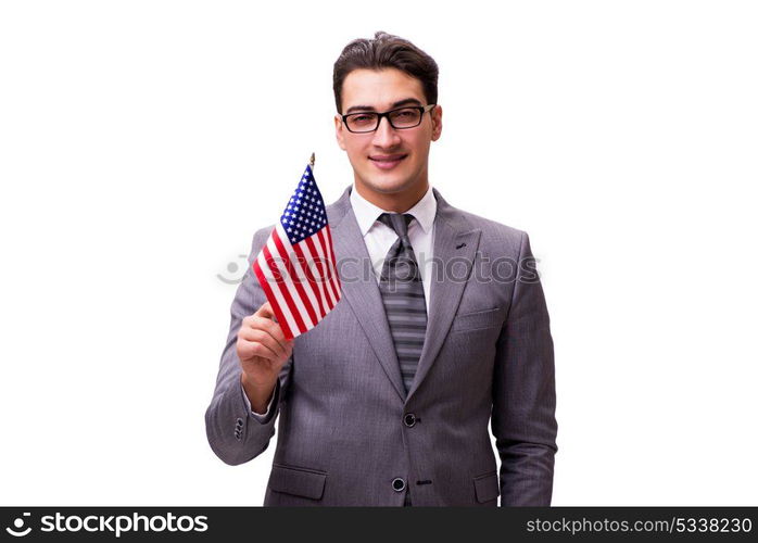 Young businessman with flag isolated on white