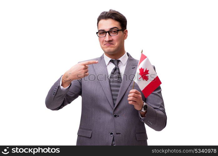 Young businessman with flag isolated on white