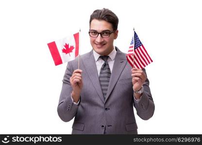 Young businessman with flag isolated on white