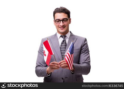 Young businessman with flag isolated on white