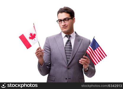 Young businessman with flag isolated on white