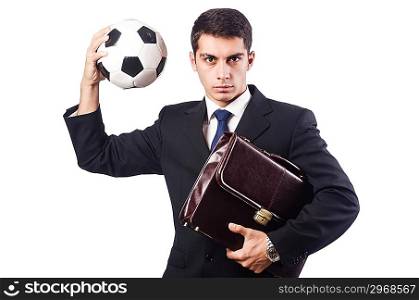 Young businessman with football on white