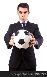 Young businessman with football on white