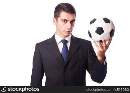 Young businessman with football on white