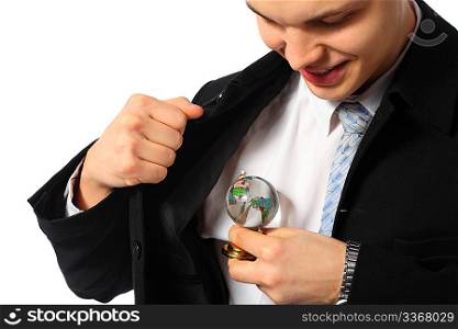 young businessman with glass globe in hand