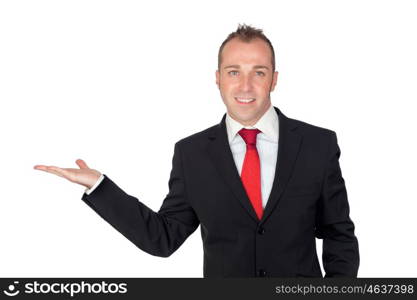 Young businessman with his hand extended isolated on white background
