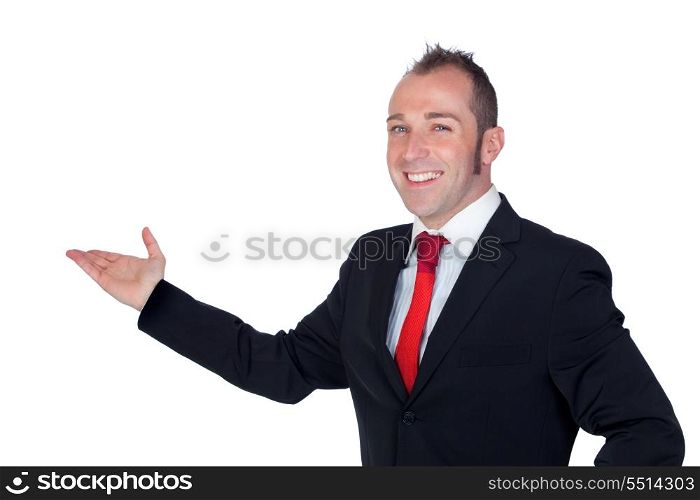 Young businessman with his hand extended isolated on white background