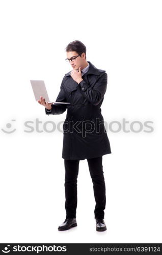 Young businessman with laptop isolated on white background