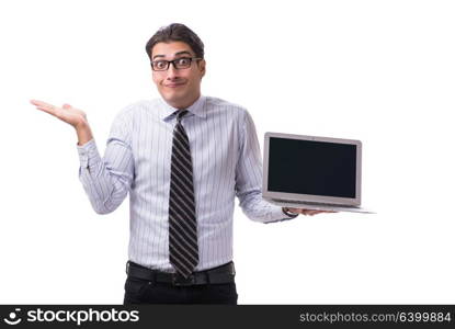 Young businessman with laptop isolated on white background