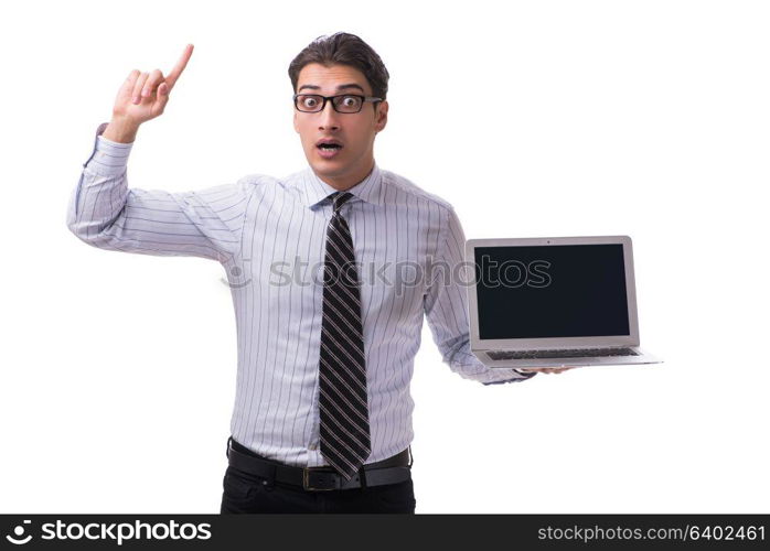 Young businessman with laptop isolated on white background