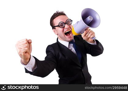 Young businessman with loudspeaker on white