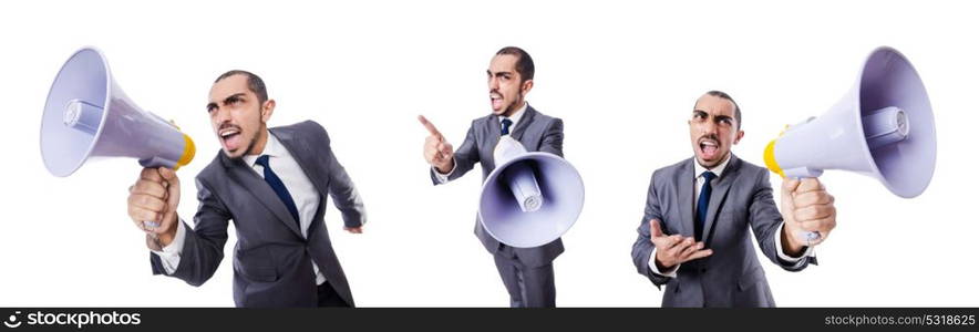 Young businessman with loudspeaker on white