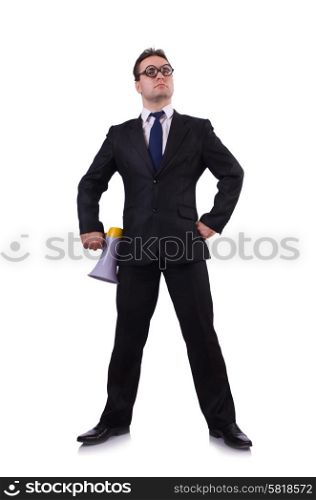Young businessman with loudspeaker on white