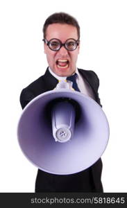 Young businessman with loudspeaker on white