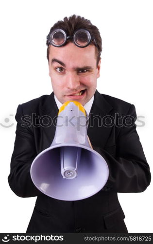 Young businessman with loudspeaker on white