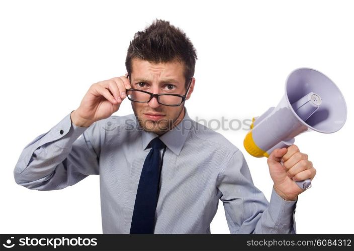 Young businessman with loudspeaker on white