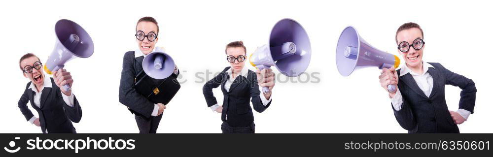 Young businessman with loudspeaker on white