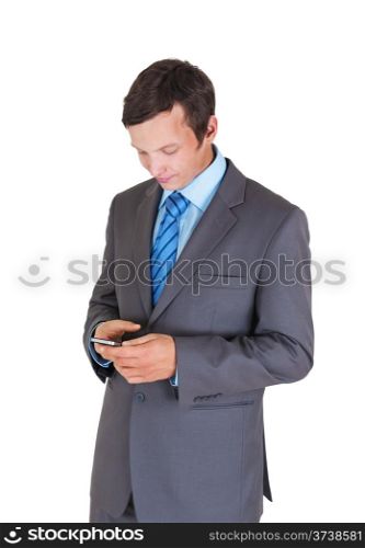 Young businessman with mobile phone isolated on white background