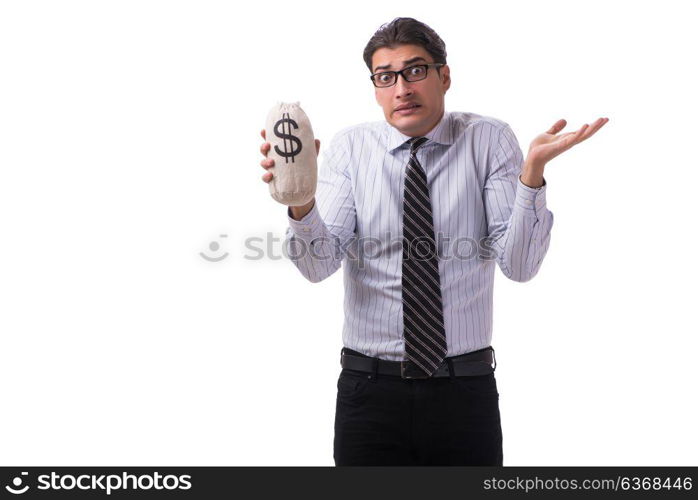 Young businessman with money sack isolated on white background