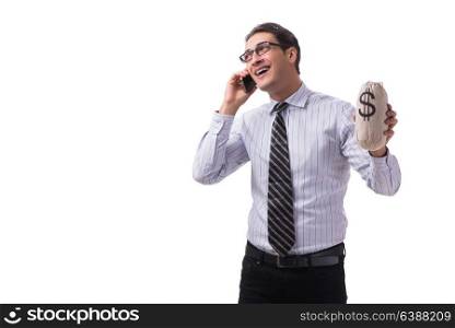 Young businessman with money sack isolated on white background