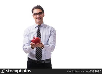 Young businessman with piggybank isolated on white background