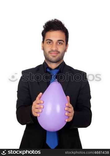 Young businessman with purple balloon isolated on white background