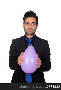Young businessman with purple balloon isolated on white background