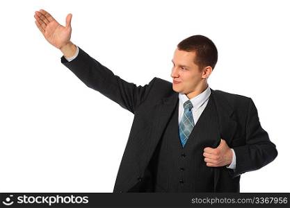 young businessman with raised hand