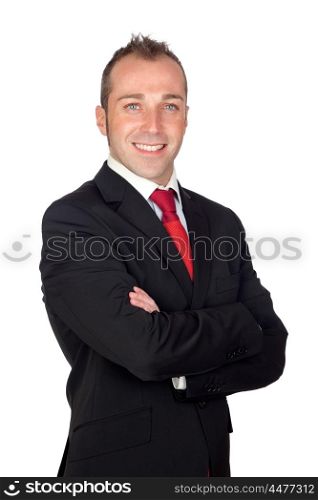 Young businessman with red tie isolated on white background
