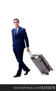 Young businessman with suitcase isolated on white background