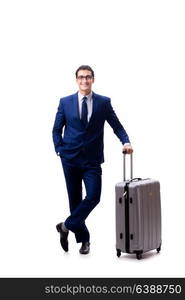 Young businessman with suitcase isolated on white background