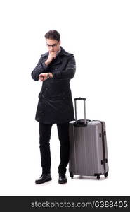 Young businessman with suitcase ready for business trip on white