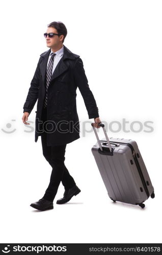 Young businessman with suitcase ready for business trip on white