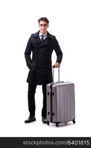 Young businessman with suitcase ready for business trip on white