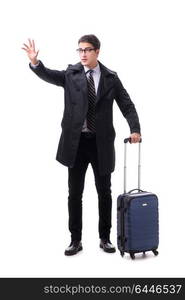 Young businessman with suitcase ready for business trip on white