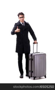 Young businessman with suitcase ready for business trip on white