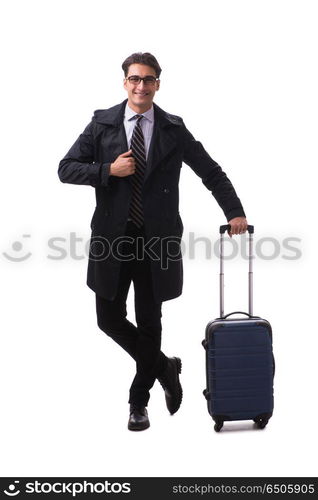 Young businessman with suitcase ready for business trip on white