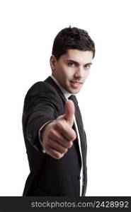Young businessman with thumbs up isolated over a white background 