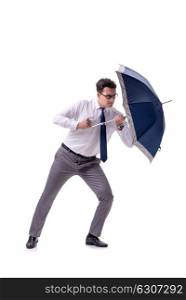 Young businessman with umbrella isolated on white