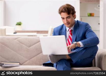 Young businessman working at home sitting on the sofa  . The young businessman working at home sitting on the sofa  