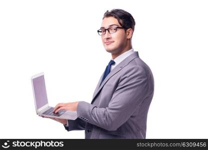 Young businessman working on laptop isolated white