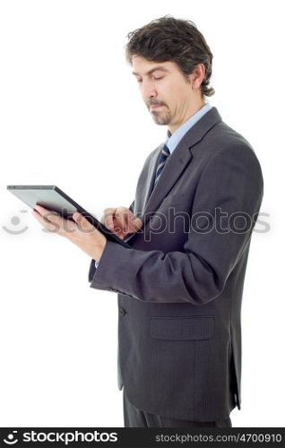 young businessman working with a tablet pc, isolated