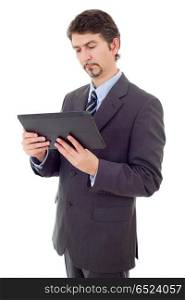 young businessman working with a tablet pc, isolated. tablet pc